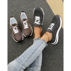 Women's Brown Faux Leather Casual Sneakers with Side Zipper – Comfortable Lace-Up Shoes for Everyday and Outdoor Wear