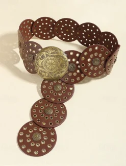 Women's Brown Faux Leather Belt with Perforated Circles and Intricate Metal Buckle - Bohemian Chic Fashion Accessory