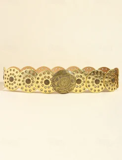Women's Brown Faux Leather Belt with Perforated Circles and Intricate Metal Buckle - Bohemian Chic Fashion Accessory