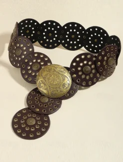 Women's Brown Faux Leather Belt with Perforated Circles and Intricate Metal Buckle - Bohemian Chic Fashion Accessory