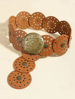 Women's Brown Faux Leather Belt with Perforated Circles and Intricate Metal Buckle - Bohemian Chic Fashion Accessory