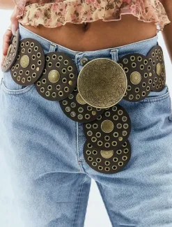 Women's Brown Faux Leather Belt with Perforated Circles and Intricate Metal Buckle - Bohemian Chic Fashion Accessory