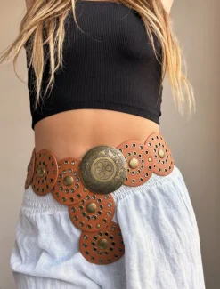 Women's Brown Faux Leather Belt with Perforated Circles and Intricate Metal Buckle - Bohemian Chic Fashion Accessory