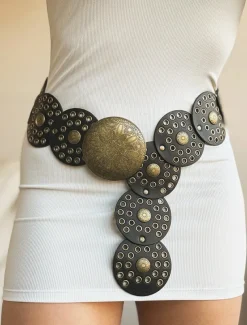 Women's Brown Faux Leather Belt with Perforated Circles and Intricate Metal Buckle - Bohemian Chic Fashion Accessory