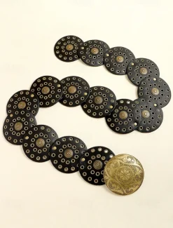 Women's Brown Faux Leather Belt with Perforated Circles and Intricate Metal Buckle - Bohemian Chic Fashion Accessory