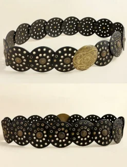 Women's Brown Faux Leather Belt with Perforated Circles and Intricate Metal Buckle - Bohemian Chic Fashion Accessory