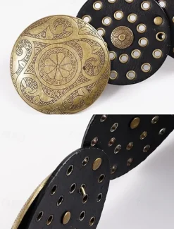 Women's Brown Faux Leather Belt with Perforated Circles and Intricate Metal Buckle - Bohemian Chic Fashion Accessory
