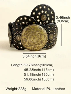 Women's Brown Faux Leather Belt with Perforated Circles and Intricate Metal Buckle - Bohemian Chic Fashion Accessory