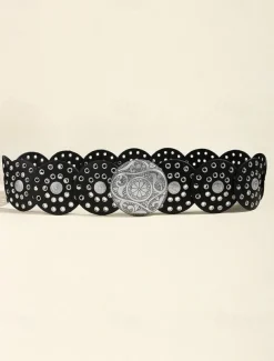 Women's Brown Faux Leather Belt with Perforated Circles and Intricate Metal Buckle - Bohemian Chic Fashion Accessory