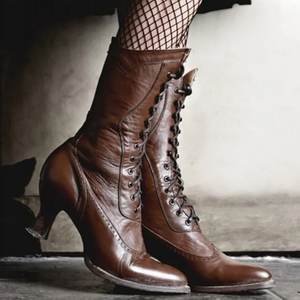 Women's Brown Faux Leather Victorian Lace-Up Boots with Low Heel - Classic and Elegant for Cosplay, Costume Parties, and Vintage-Inspired Outfits