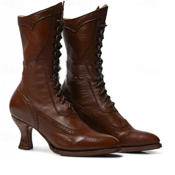 Women's Brown Faux Leather Victorian Lace-Up Boots with Low Heel - Classic and Elegant for Cosplay, Costume Parties, and Vintage-Inspired Outfits