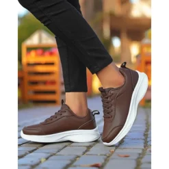 Women's Brown Faux Leather Sneakers – Comfortable Everyday Walking Shoes for Commuting, Shopping & Light Sports