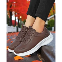 Women's Brown Faux Leather Sneakers – Comfortable Everyday Walking Shoes for Commuting, Shopping & Light Sports