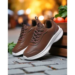 Women's Brown Faux Leather Sneakers – Comfortable Everyday Walking Shoes for Commuting, Shopping & Light Sports