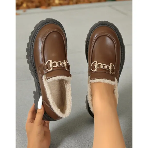 Women's Brown Faux Leather Loafers with Gold Chain and Fleece Lining – Warm Slip-On Commuter Shoes for Fall and Winter Office Wear, Travel and Daily Walks
