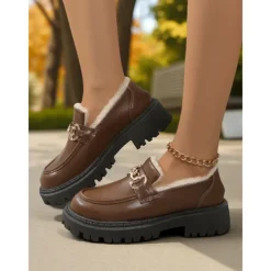 Women's Brown Faux Leather Loafers with Gold Chain and Fleece Lining – Warm Slip-On Commuter Shoes for Fall and Winter Office Wear, Travel and Daily Walks