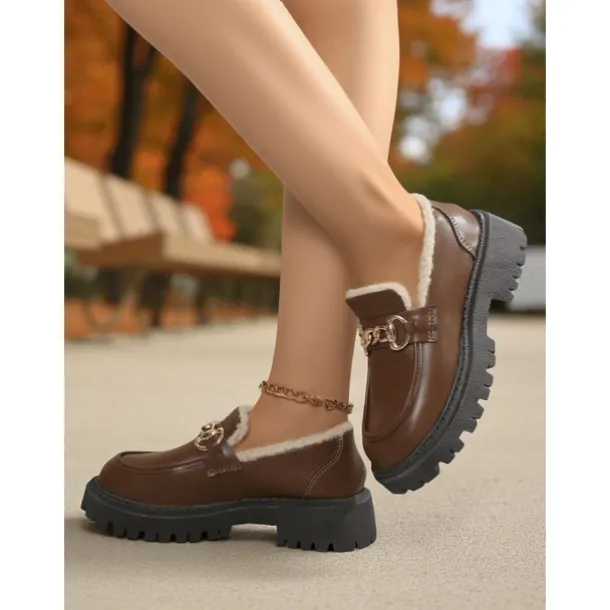 Women's Brown Faux Leather Loafers with Gold Chain and Fleece Lining – Warm Slip-On Commuter Shoes for Fall and Winter Office Wear, Travel and Daily Walks