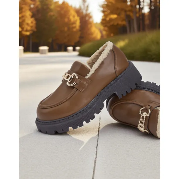 Women's Brown Faux Leather Loafers with Gold Chain and Fleece Lining – Warm Slip-On Commuter Shoes for Fall and Winter Office Wear, Travel and Daily Walks