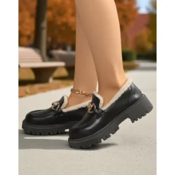 Women's Brown Faux Leather Loafers with Gold Chain and Fleece Lining – Warm Slip-On Commuter Shoes for Fall and Winter Office Wear, Travel and Daily Walks