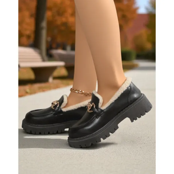 Women's Brown Faux Leather Loafers with Gold Chain and Fleece Lining – Warm Slip-On Commuter Shoes for Fall and Winter Office Wear, Travel and Daily Walks