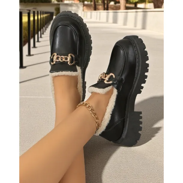 Women's Brown Faux Leather Loafers with Gold Chain and Fleece Lining – Warm Slip-On Commuter Shoes for Fall and Winter Office Wear, Travel and Daily Walks