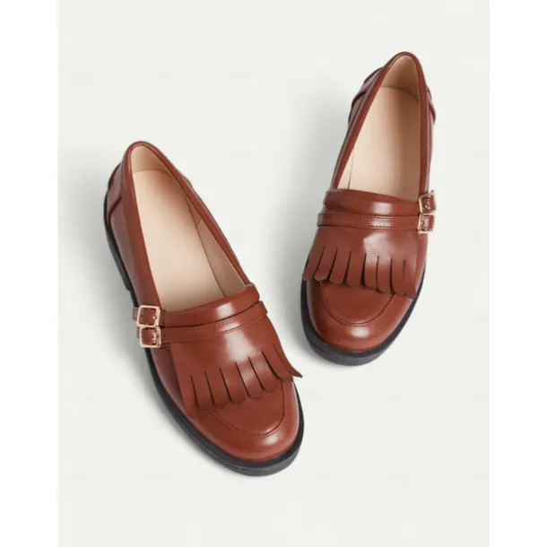 Women's Brown Faux Leather Loafers with Fringe Detailing and Low Heel for Casual Wear and Office Style