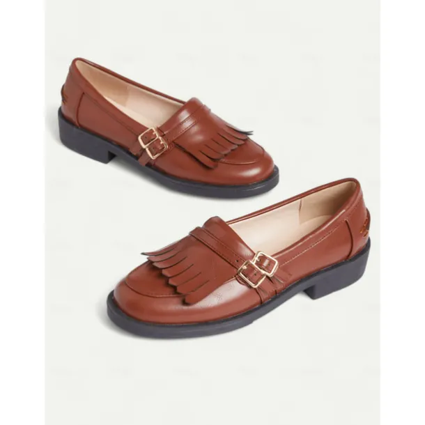 Women's Brown Faux Leather Loafers with Fringe Detailing and Low Heel for Casual Wear and Office Style