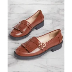 Women's Brown Faux Leather Loafers with Fringe Detailing and Low Heel for Casual Wear and Office Style