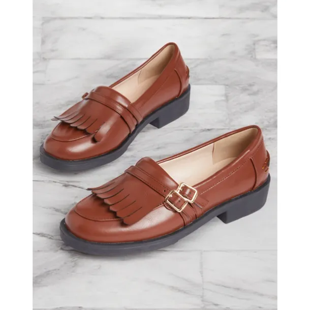 Women's Brown Faux Leather Loafers with Fringe Detailing and Low Heel for Casual Wear and Office Style