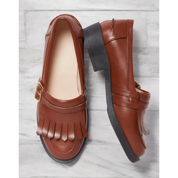 Women's Brown Faux Leather Loafers with Fringe Detailing and Low Heel for Casual Wear and Office Style