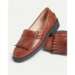 Women's Brown Faux Leather Loafers with Fringe Detailing and Low Heel for Casual Wear and Office Style