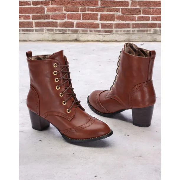 Women's Brown Lace-Up Victorian Boots with Mid-Heel - Ideal for Casual Wear, Outdoor Activities, and Weekend Outings
