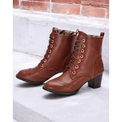 Women's Brown Lace-Up Victorian Boots with Mid-Heel - Ideal for Casual Wear, Outdoor Activities, and Weekend Outings