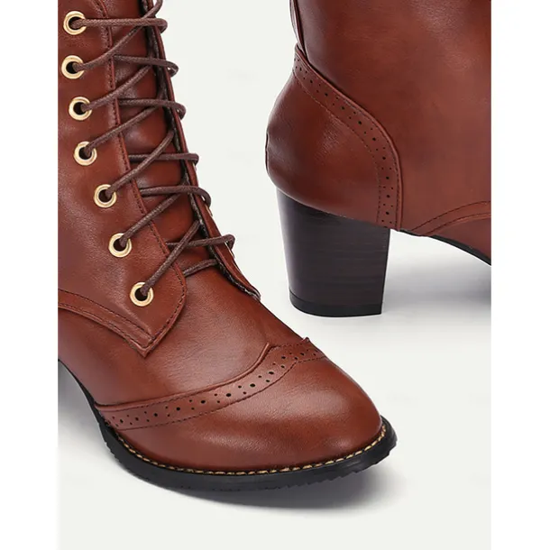 Women's Brown Lace-Up Victorian Boots with Mid-Heel - Ideal for Casual Wear, Outdoor Activities, and Weekend Outings