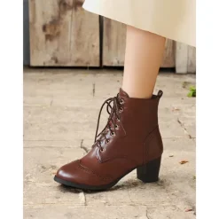 Women's Brown Lace-Up Victorian Boots with Mid-Heel - Ideal for Casual Wear, Outdoor Activities, and Weekend Outings