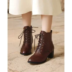 Women's Brown Lace-Up Victorian Boots with Mid-Heel - Ideal for Casual Wear, Outdoor Activities, and Weekend Outings