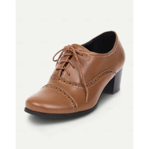 Women's Brown Oxford Shoes with Lace-Up & Brogue Detailing - Classic Mid-Heel for Professional & Vintage Casual Wear