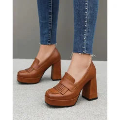 Women's Brown Platform Loafer Heels with Tassel Fringe – Retro Chunky Block High Heel Shoes for Casual and Party Wear