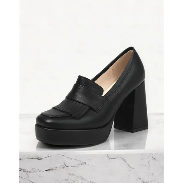 Women's Brown Platform Loafer Heels with Tassel Fringe – Retro Chunky Block High Heel Shoes for Casual and Party Wear