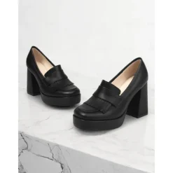 Women's Brown Platform Loafer Heels with Tassel Fringe – Retro Chunky Block High Heel Shoes for Casual and Party Wear