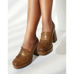Women's Brown Platform Loafer Heels with Tassel Fringe – Retro Chunky Block High Heel Shoes for Casual and Party Wear