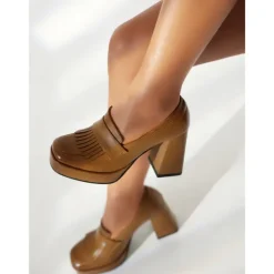 Women's Brown Platform Loafer Heels with Tassel Fringe – Retro Chunky Block High Heel Shoes for Casual and Party Wear