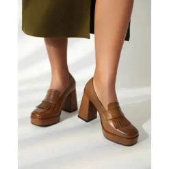 Women's Brown Platform Loafer Heels with Tassel Fringe – Retro Chunky Block High Heel Shoes for Casual and Party Wear