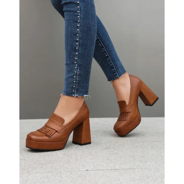 Women's Brown Platform Loafer Heels with Tassel Fringe – Retro Chunky Block High Heel Shoes for Casual and Party Wear