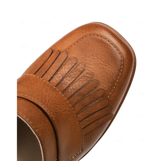 Women's Brown Platform Loafer Heels with Tassel Fringe – Retro Chunky Block High Heel Shoes for Casual and Party Wear