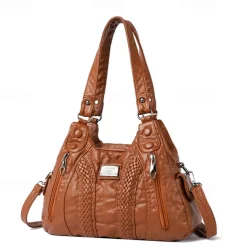 Women's Brown Quilted Faux Leather Handbag – Stylish Zippered Tote with Braided Detailing & Adjustable Strap for Work, Travel & Casual Outings