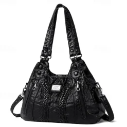 Women's Brown Quilted Faux Leather Handbag – Stylish Zippered Tote with Braided Detailing & Adjustable Strap for Work, Travel & Casual Outings