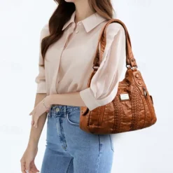 Women's Brown Quilted Faux Leather Handbag – Stylish Zippered Tote with Braided Detailing & Adjustable Strap for Work, Travel & Casual Outings