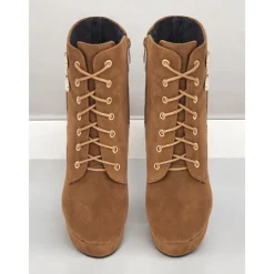 Women's Brown Suede Ankle Boots - Lace-Up Design with Gold Buckle and Zipper Details, Platform High Heel Shoes for Stylish Casual and Party Looks