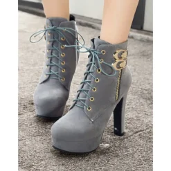 Women's Brown Suede Ankle Boots - Lace-Up Design with Gold Buckle and Zipper Details, Platform High Heel Shoes for Stylish Casual and Party Looks